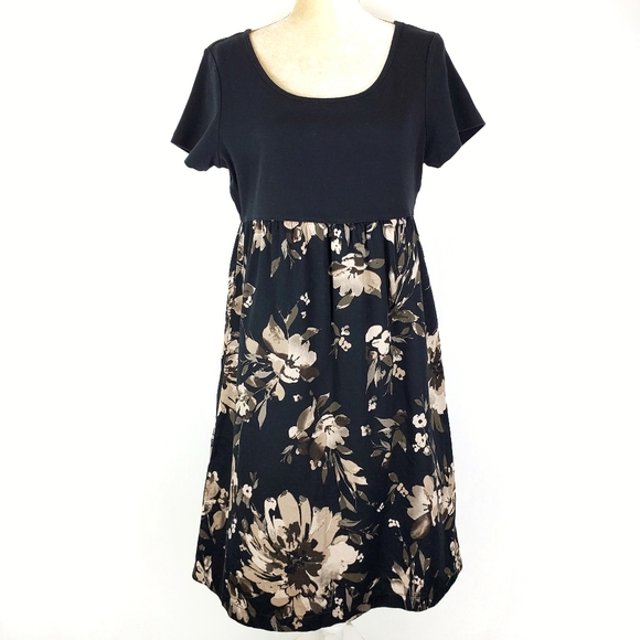 Sonoma Dresses & Skirts - Sonoma Black Tan Boho Floral Print Stretch Cotton Baby Doll Mini T Shirt Dress L